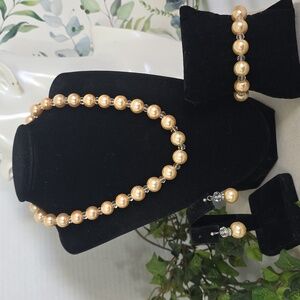 Champagne Glass Pearl and Rhinestone Necklace Earrings and Bracelet Set